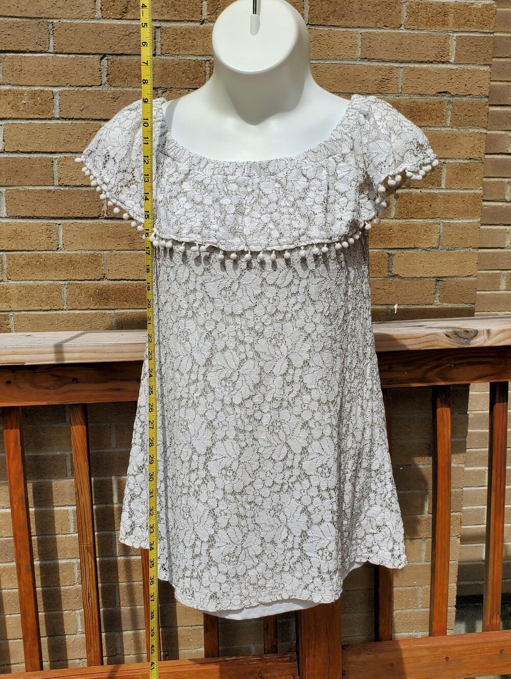White Lace Pom-Pom Off-Shoulder Dress